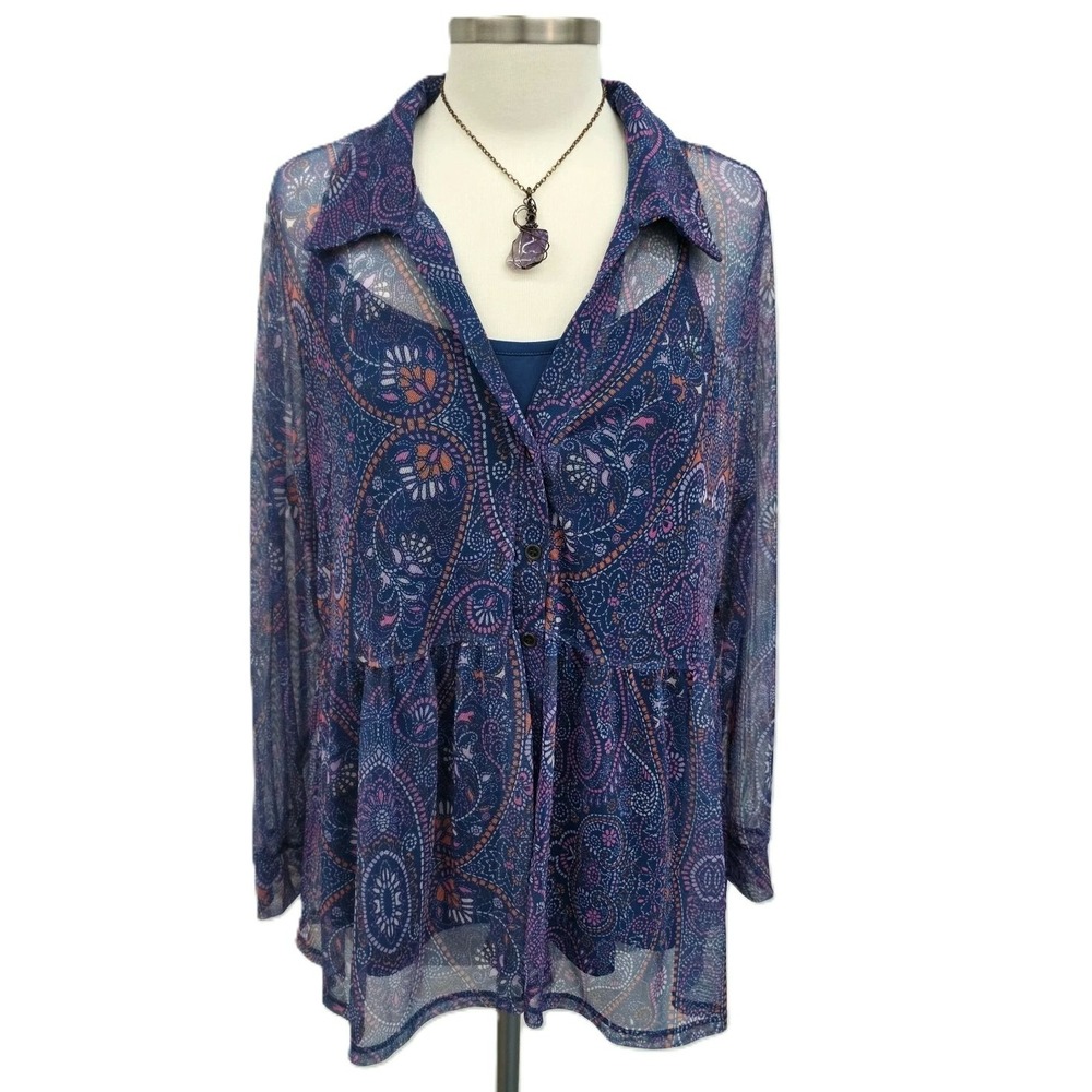 Terra & Sky Womens 1X Blue Paisley Mesh Button Front Sheer Boho Top With Cami
